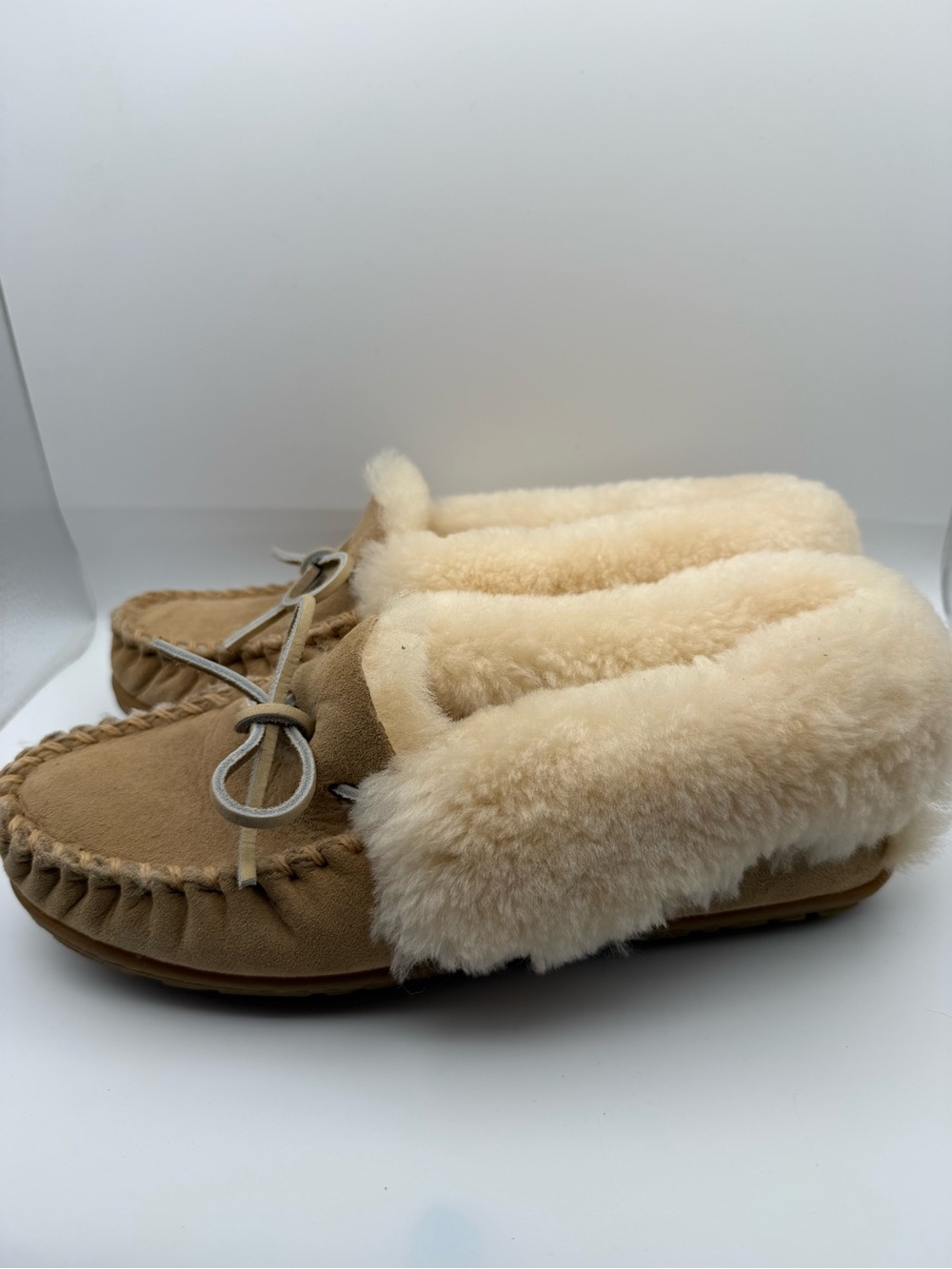 Tan Suede Shearling Moccasin Slippers Fur Lined